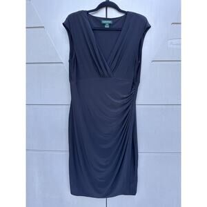 Lauren Ralph Lauren Women’s Black Ruched Faux Wrap Dress 3/4 Sleeve V Neck Sz 16